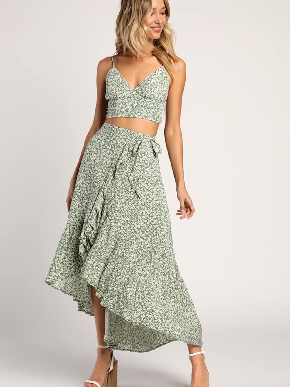Lulu’s Summer Romance Sage Green Floral Print Two-Piece Midi Dress